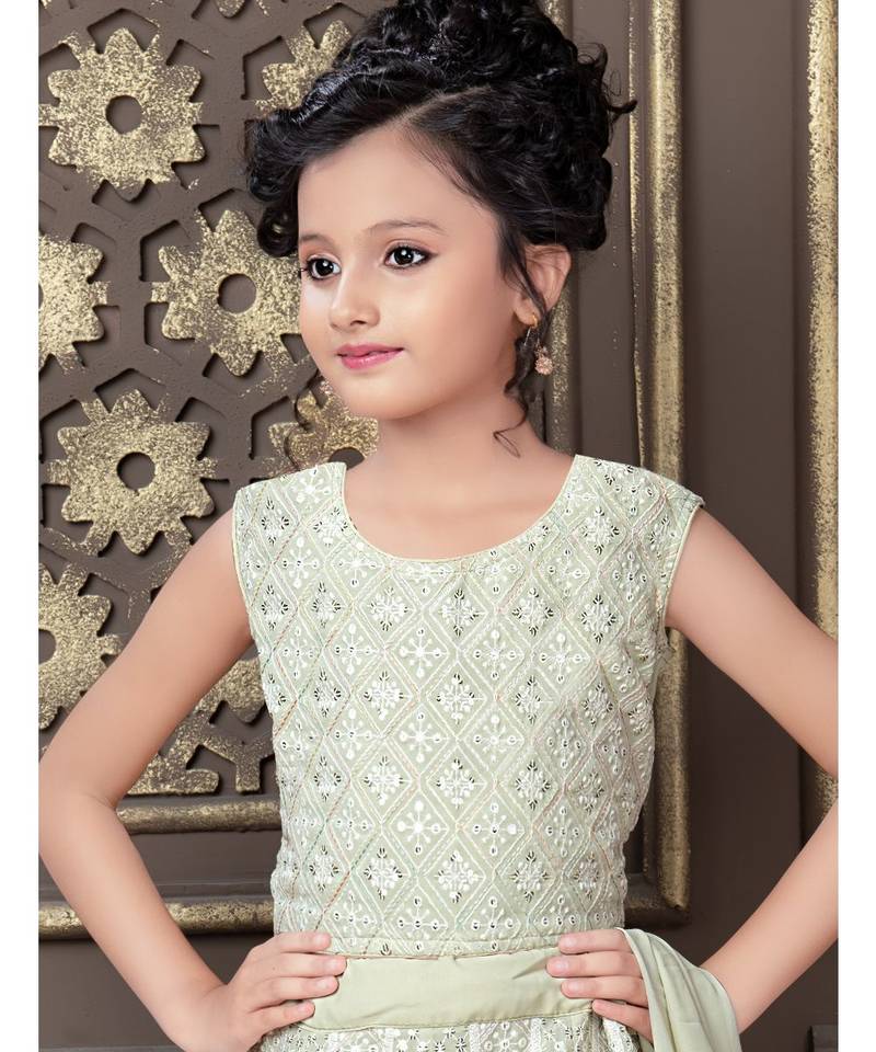 Light Pista Pure Lucknow Chikan Work Georgette Lehenga with Tessel