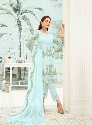 Sky Blue Georgette Heavy Sequin Embroidered Unstitched Pakistani Suit 1