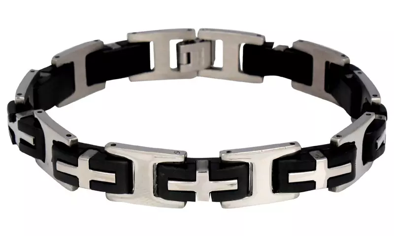 3D Cross Biker Black Silver Surgical Stainless Steel Bracelet for Men