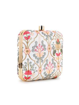 Vista Off White & Pastel Multi Faux Silk Damask Embroidered Clutch 2