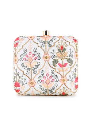 Vista Off White & Pastel Multi Faux Silk Damask Embroidered Clutch 3