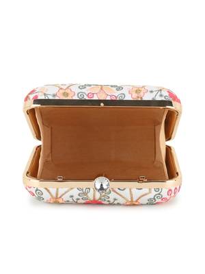 Vista Off White & Pastel Multi Faux Silk Damask Embroidered Clutch 4