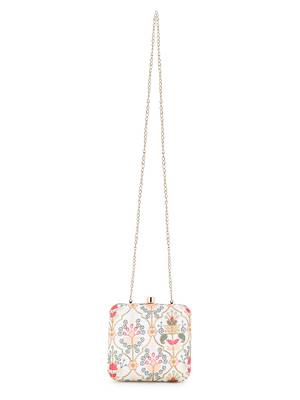 Vista Off White & Pastel Multi Faux Silk Damask Embroidered Clutch 5