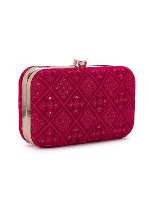 Hue Magenta Velvet Harlequin Embroidered Clutch 2