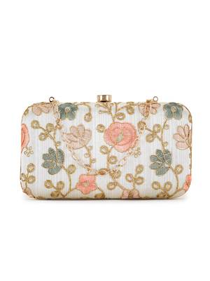 Anekaant Hue Cream & Pastel Multi Faux Silk Floral Embroidered Clutch 1