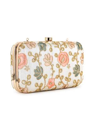 Anekaant Hue Cream & Pastel Multi Faux Silk Floral Embroidered Clutch 2