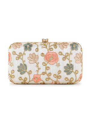 Anekaant Hue Cream & Pastel Multi Faux Silk Floral Embroidered Clutch 3