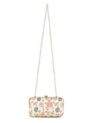 Anekaant Hue Cream & Pastel Multi Faux Silk Floral Embroidered Clutch 5