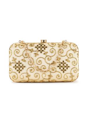 Anekaant Hue Beige & Gold Faux Silk Embroidered Clutch 1