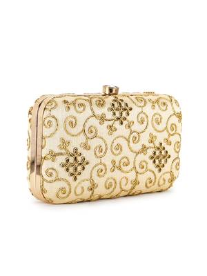 Anekaant Hue Beige & Gold Faux Silk Embroidered Clutch 2