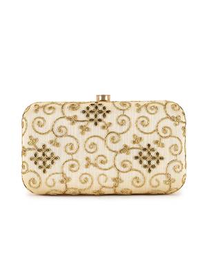 Anekaant Hue Beige & Gold Faux Silk Embroidered Clutch 3