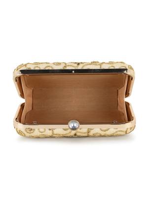 Anekaant Hue Beige & Gold Faux Silk Embroidered Clutch 4