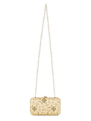Anekaant Hue Beige & Gold Faux Silk Embroidered Clutch 5