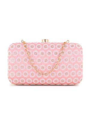 Hue Pastel Pink, White & Gold Faux Silk Polka Dot Embroidered Clutch 1