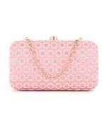 Hue Pastel Pink, White & Gold Faux Silk Polka Dot Embroidered Clutch