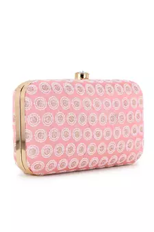 Hue Pastel Pink, White & Gold Faux Silk Polka Dot Embroidered Clutch