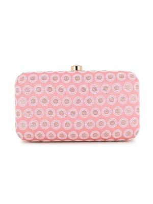 Hue Pastel Pink, White & Gold Faux Silk Polka Dot Embroidered Clutch 3