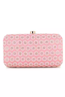 Hue Pastel Pink, White & Gold Faux Silk Polka Dot Embroidered Clutch