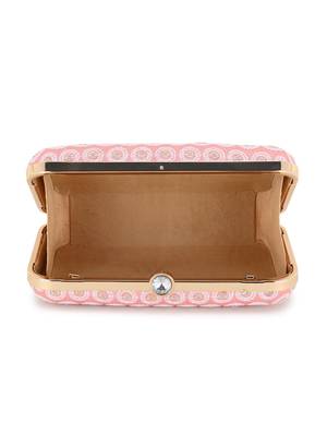 Hue Pastel Pink, White & Gold Faux Silk Polka Dot Embroidered Clutch 4