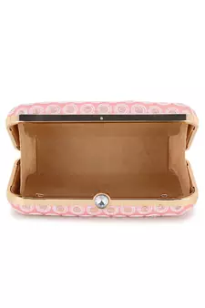 Hue Pastel Pink, White & Gold Faux Silk Polka Dot Embroidered Clutch