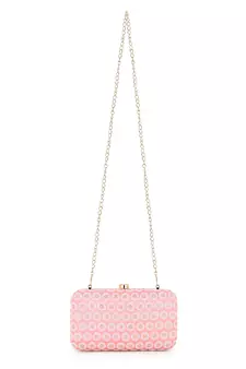 Hue Pastel Pink, White & Gold Faux Silk Polka Dot Embroidered Clutch