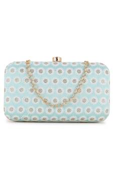 Hue Pastel Blue, White & Gold Faux Silk Polka Dot Embroidered Clutch