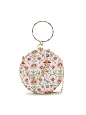 Anekaant Gala Off White, Peach & Pastel Multi Faux Silk Floral Embroidered Clutch 1