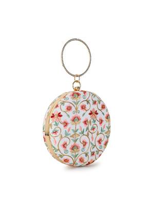 Anekaant Gala Off White, Peach & Pastel Multi Faux Silk Floral Embroidered Clutch 2