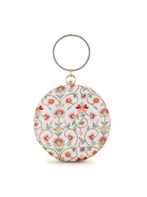 Anekaant Gala Off White, Peach & Pastel Multi Faux Silk Floral Embroidered Clutch 3