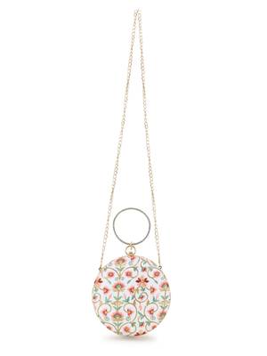 Anekaant Gala Off White, Peach & Pastel Multi Faux Silk Floral Embroidered Clutch 5