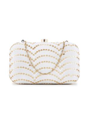 Anekaant Hue White & Gold Faux Silk Sequined Clutch 1