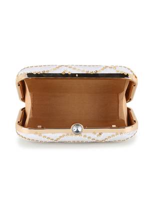 Anekaant Hue White & Gold Faux Silk Sequined Clutch 4