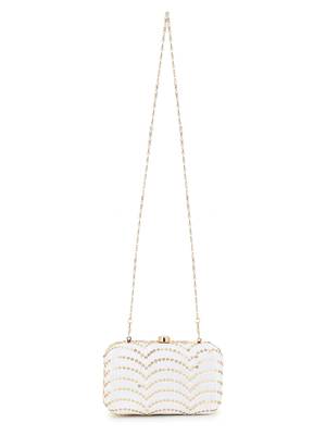 Anekaant Hue White & Gold Faux Silk Sequined Clutch 5