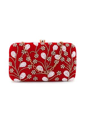 Anekaant Adorn Red & White Velvet Floral Embellished Clutch 1