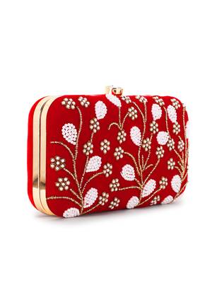 Anekaant Adorn Red & White Velvet Floral Embellished Clutch 2