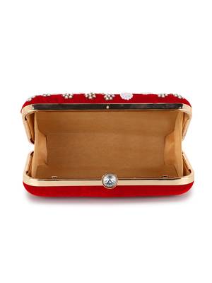 Anekaant Adorn Red & White Velvet Floral Embellished Clutch 4