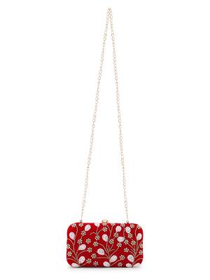 Anekaant Adorn Red & White Velvet Floral Embellished Clutch 5