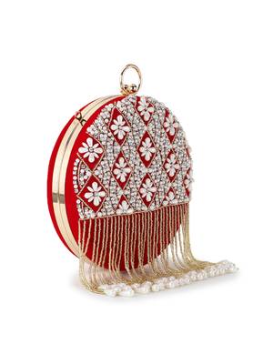 Anekaant Gala Red, White & Gold Velvet Harlequin Embellished Clutch 2