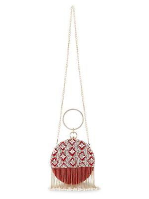 Anekaant Gala Red, White & Gold Velvet Harlequin Embellished Clutch 5