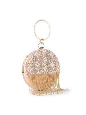 Anekaant Gala Baby Pink, White & Gold Velvet Harlequin Embellished Clutch 2