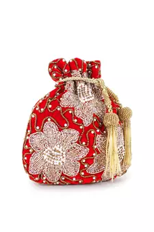 Dangle Red, Bronze & Multi Velvet Floral Embellished Potli