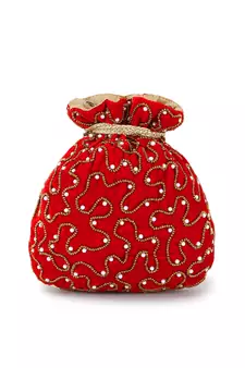 Dangle Red, Bronze & Multi Velvet Floral Embellished Potli