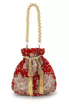 Dangle Red, Bronze & Multi Velvet Floral Embellished Potli