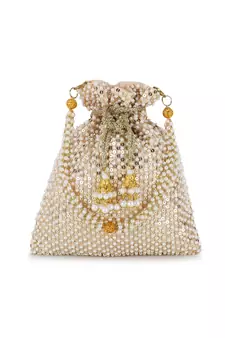 Dangle Cream & Gold Faux Silk Sequined Potli