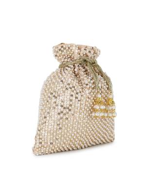 Dangle Cream & Gold Faux Silk Sequined Potli 2