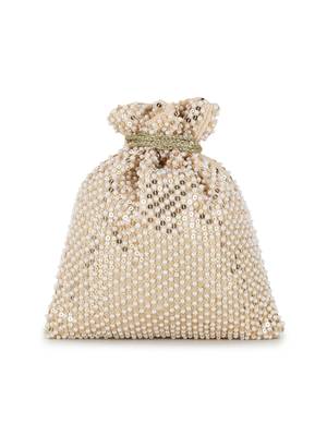 Dangle Cream & Gold Faux Silk Sequined Potli 3