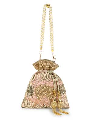 Dangle Pastel Pink, Champagne & Gold Satin Floral Embellished Potli 1