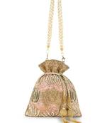 Dangle Pastel Pink, Champagne & Gold Satin Floral Embellished Potli