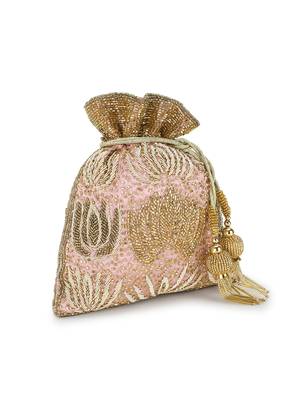 Dangle Pastel Pink, Champagne & Gold Satin Floral Embellished Potli 2