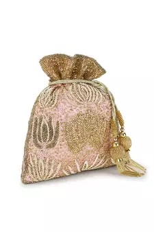 Dangle Pastel Pink, Champagne & Gold Satin Floral Embellished Potli